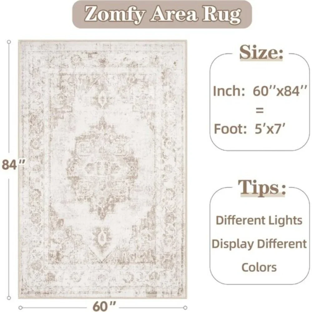 New 5x7 Beige Vintage Area Rug, Washable Low Pile Medallion Carpet for Any Room